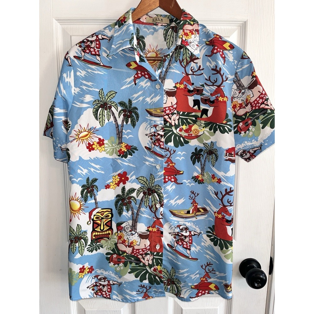 Santa Claus Hawaiian Tropical Short Sleeve‎ Shirt by SSLR Womens L - Picture 2 of 8